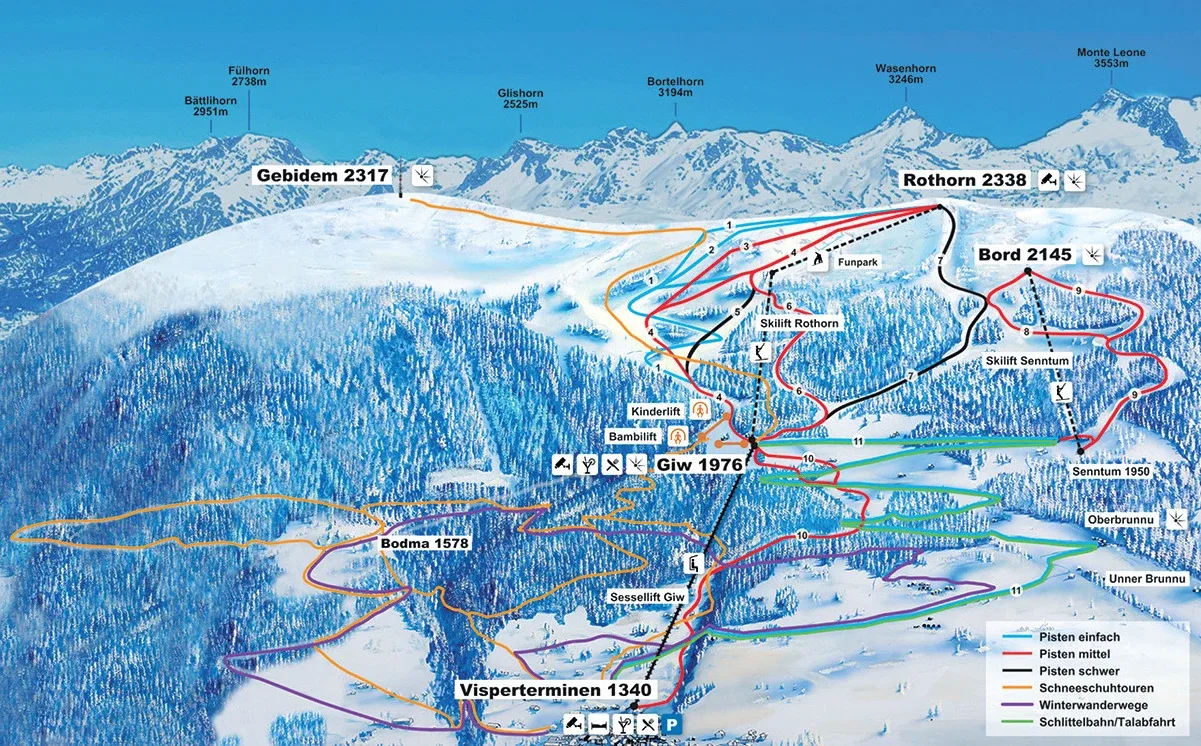 Pistenplan Visperterminen – Giw 2025/26 – Übersichtskarte mit Pisten, Liften und Bergbahnen