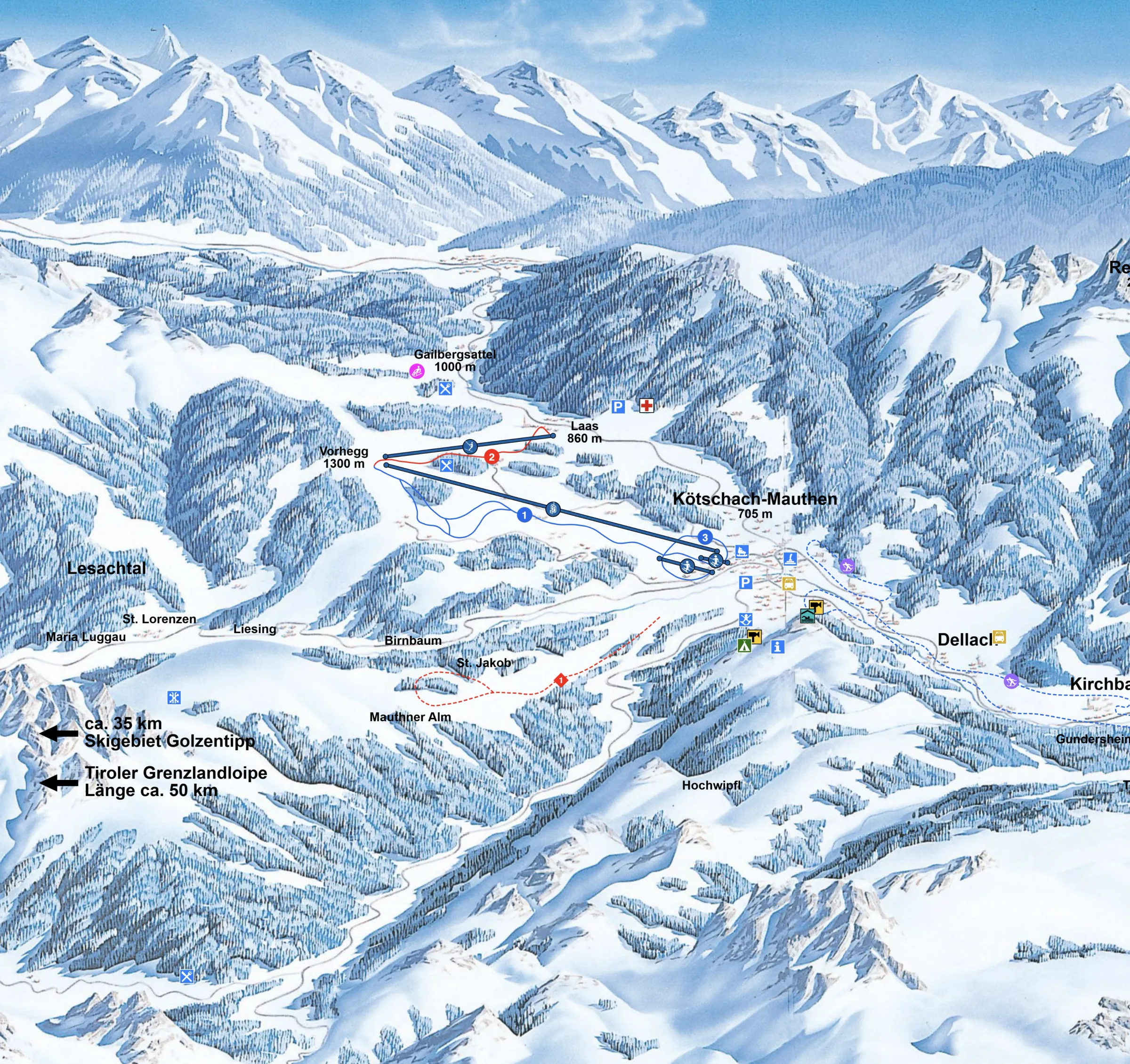 Pistenplan Vorhegg (Kötschach-Mauthen) 2025/26 – Übersichtskarte mit Pisten, Liften und Bergbahnen