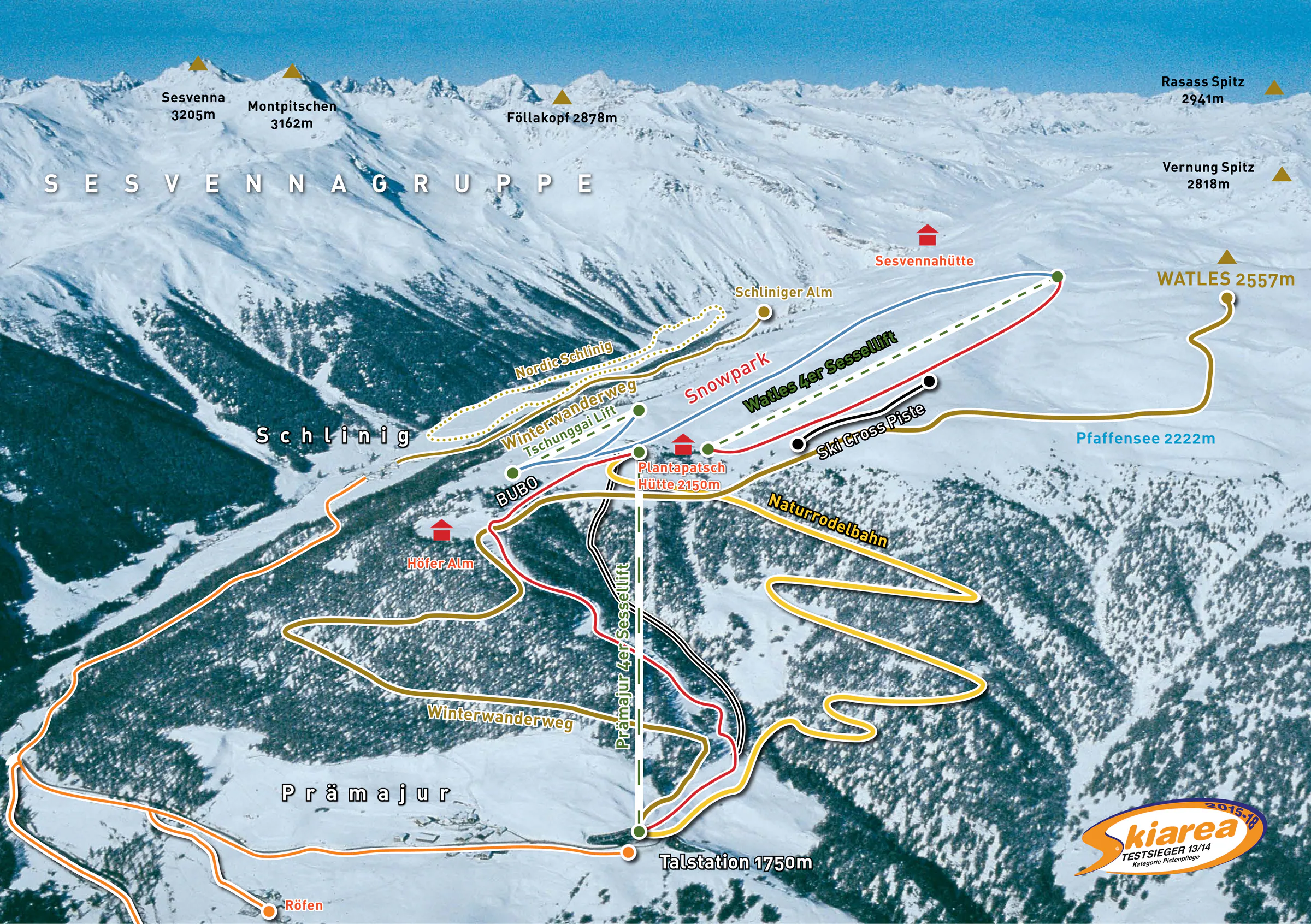 Pistenplan Watles (Mals) 2025/26 – Übersichtskarte mit Pisten, Liften und Bergbahnen