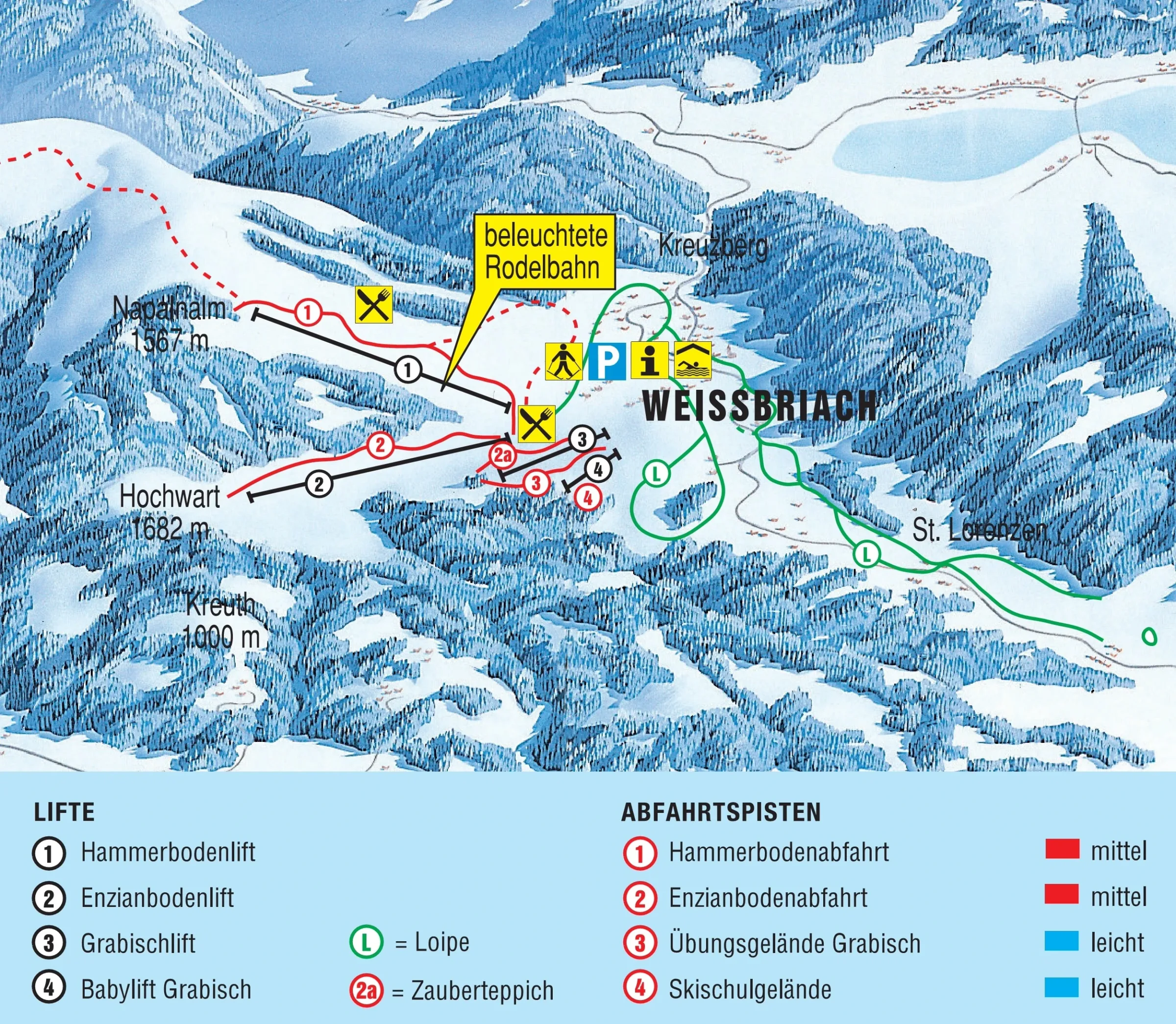 Pistenplan Weißbriach (Gitschtal) 2025/26 – Übersichtskarte mit Pisten, Liften und Bergbahnen
