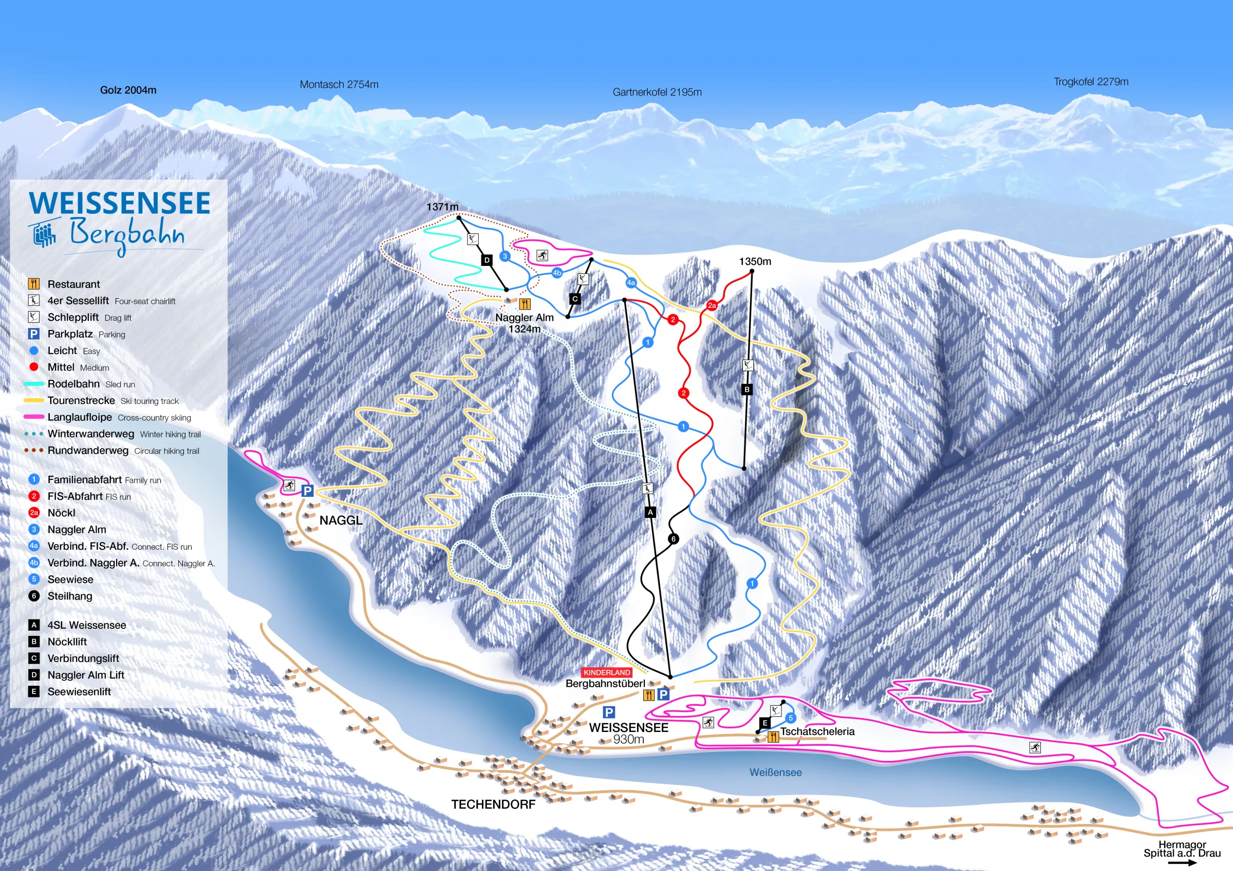 Pistenplan Weißensee 2025/26 – Übersichtskarte mit Pisten, Liften und Bergbahnen