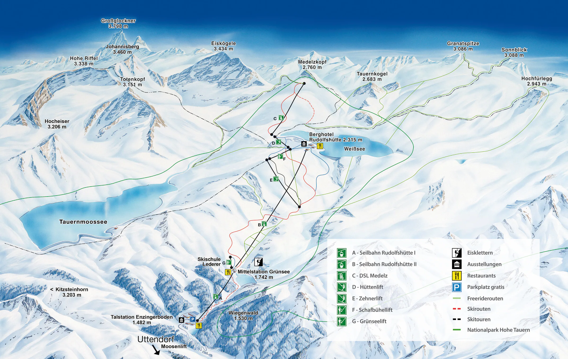 Pistenplan Weißsee Gletscherwelt (Uttendorf) 2025/26 – Übersichtskarte mit Pisten, Liften und Bergbahnen