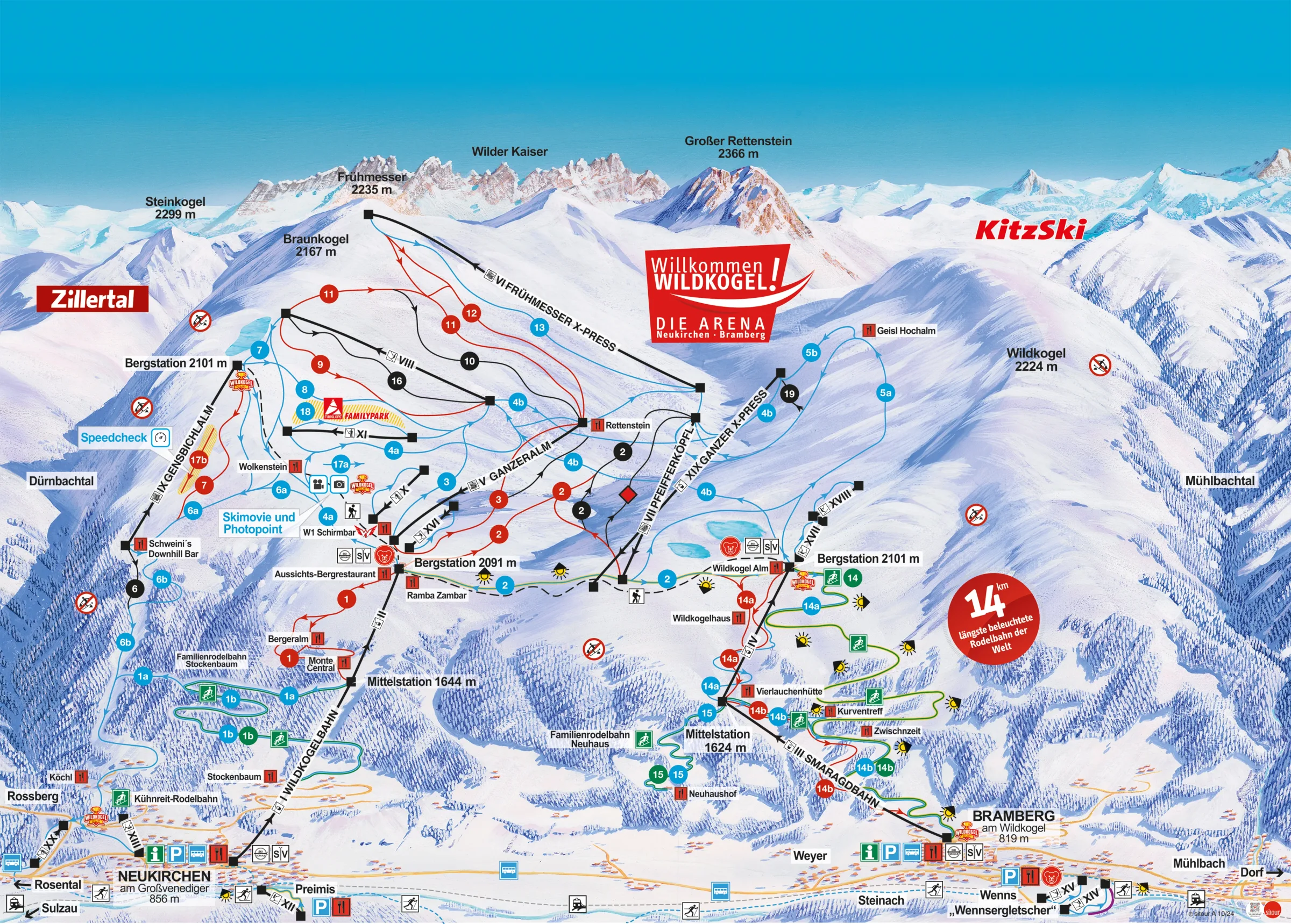 Pistenplan Wildkogel-Arena Neukirchen & Bramberg 2025/26 – Übersichtskarte mit Pisten, Liften und Bergbahnen