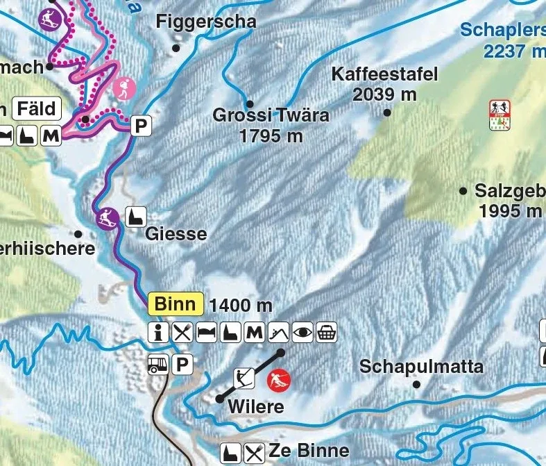 Pistenplan Wilern (Binn) 2025/26 – Übersichtskarte mit Pisten, Liften und Bergbahnen