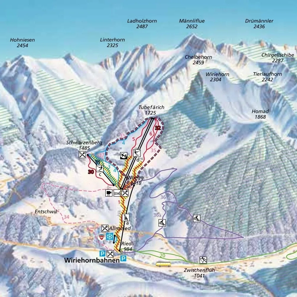 Pistenplan Wiriehorn (Diemtigtal) 2025/26 – Übersichtskarte mit Pisten, Liften und Bergbahnen