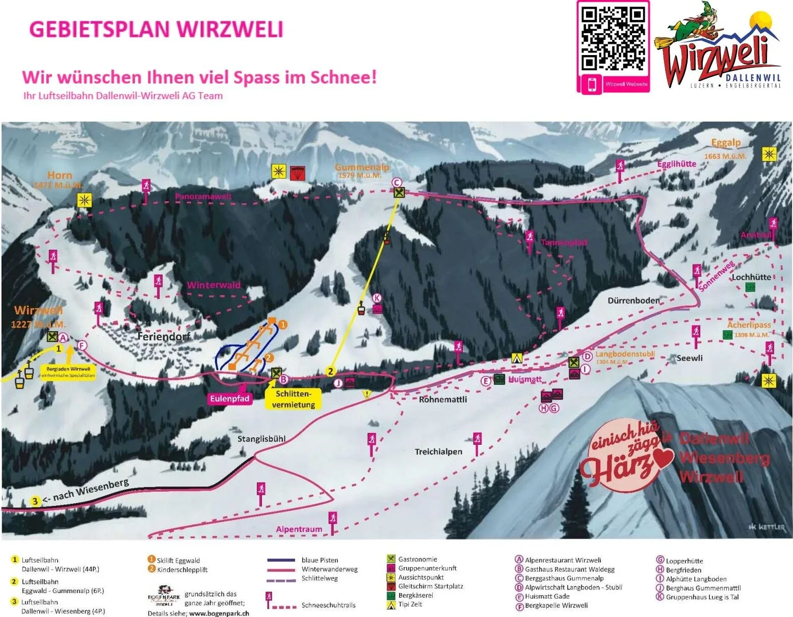Pistenplan Wirzweli 2025/26 – Übersichtskarte mit Pisten, Liften und Bergbahnen