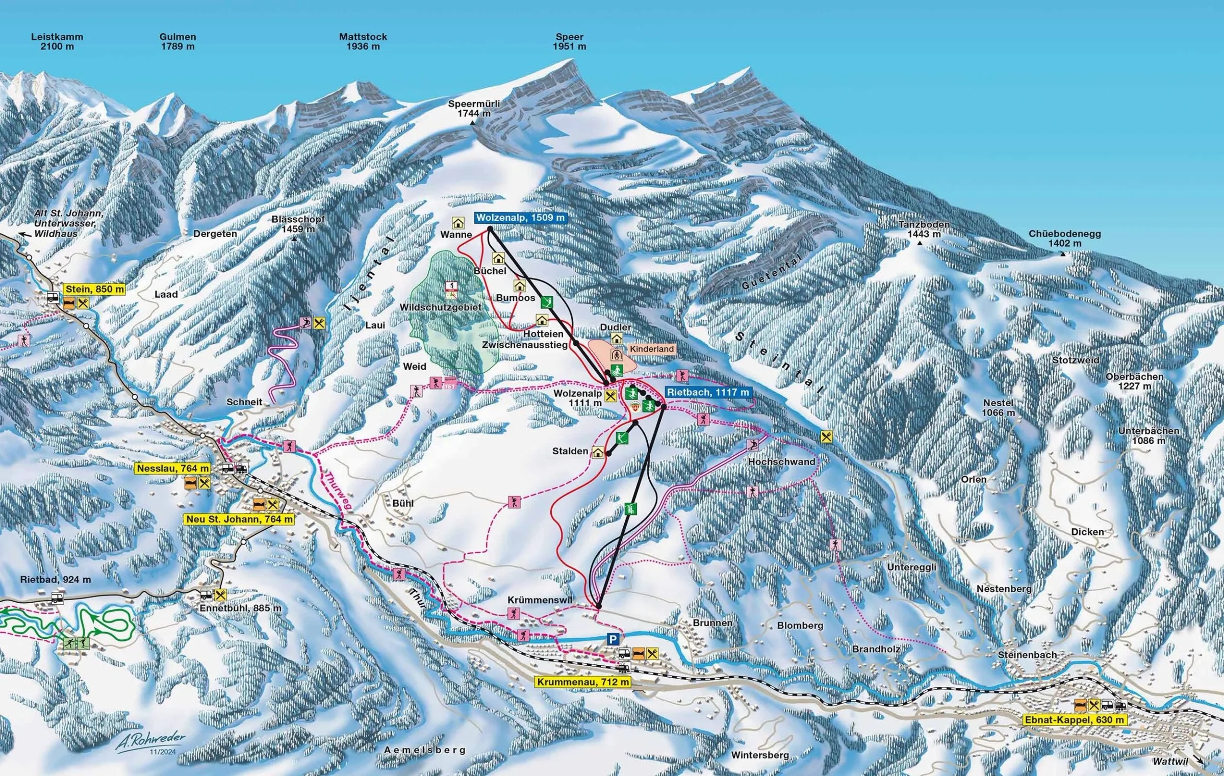 Pistenplan Wolzenalp (Krummenau) 2025/26 – Übersichtskarte mit Pisten, Liften und Bergbahnen