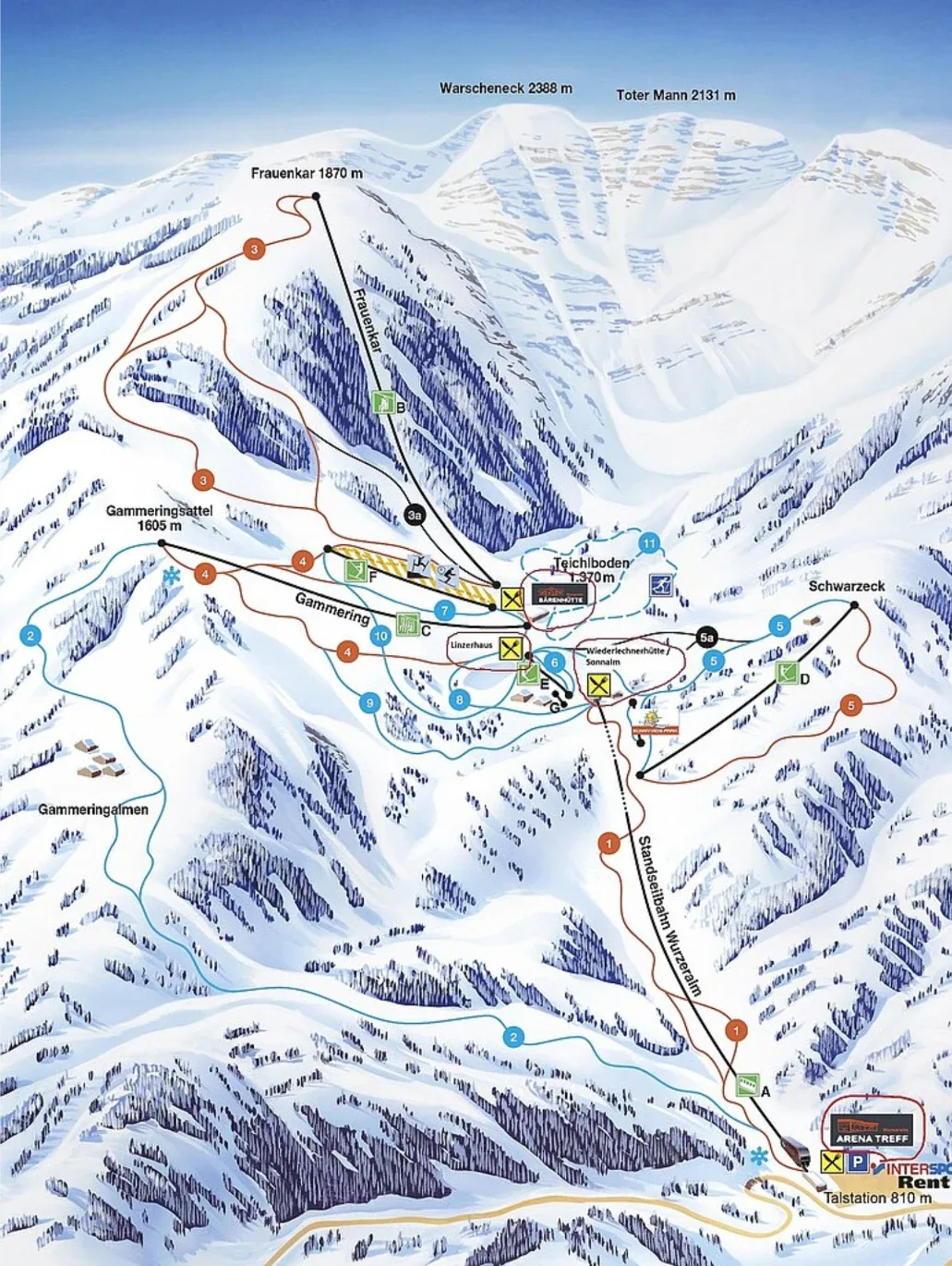 Pistenplan Wurzeralm (Spital am Pyhrn) 2025/26 – Übersichtskarte mit Pisten, Liften und Bergbahnen