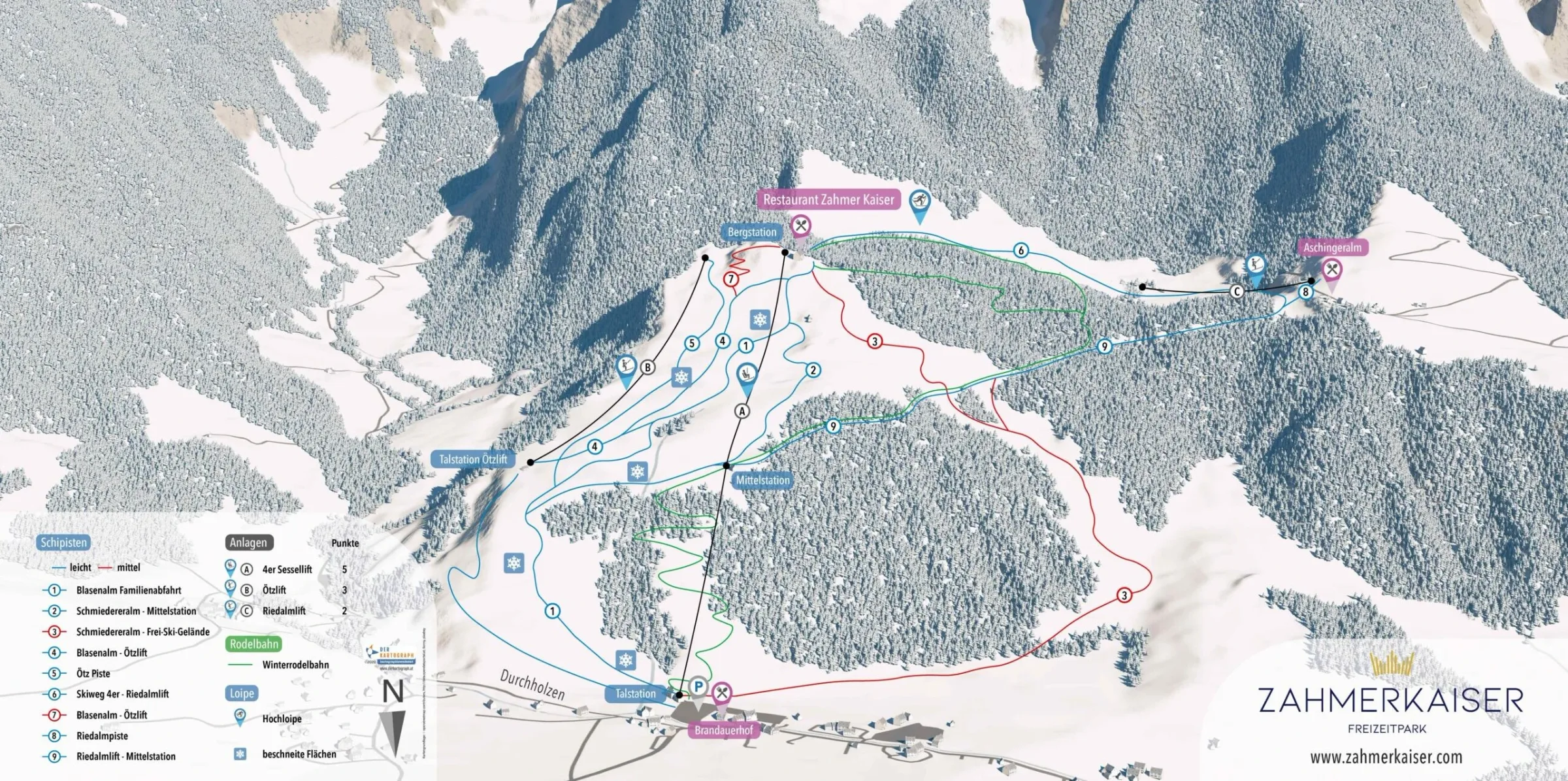 Pistenplan Zahmer Kaiser (Walchsee) 2025/26 – Übersichtskarte mit Pisten, Liften und Bergbahnen