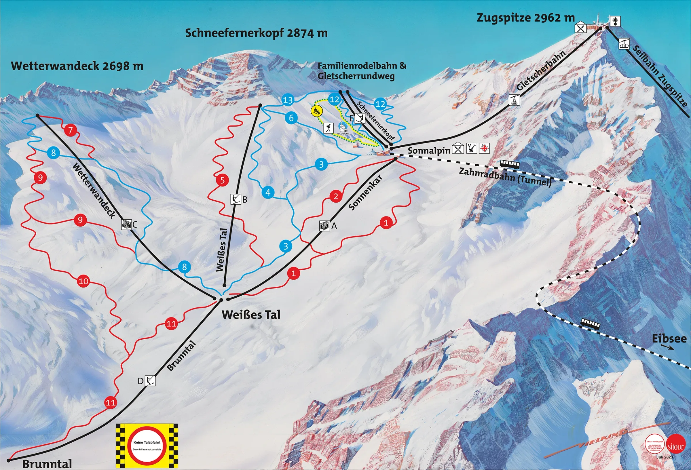 Pistenplan Zugspitze (Gletscher) 2025/26 – Übersichtskarte mit Pisten, Liften und Bergbahnen
