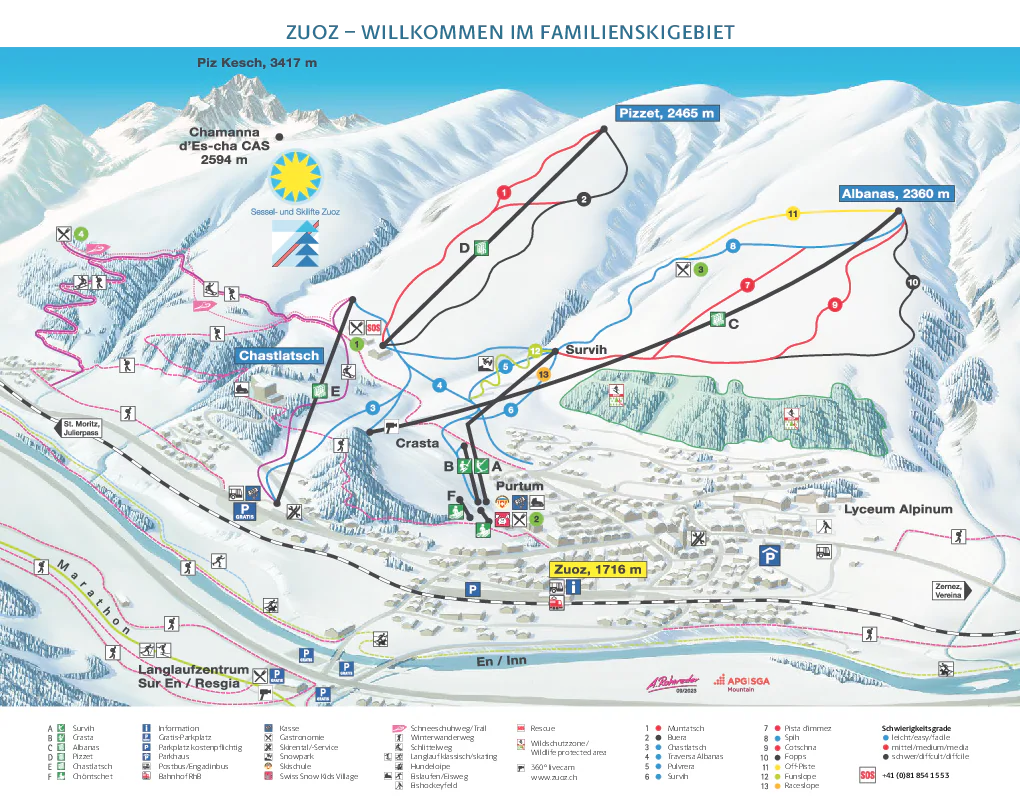 Pistenplan Zuoz 2025/26 – Übersichtskarte mit Pisten, Liften und Bergbahnen