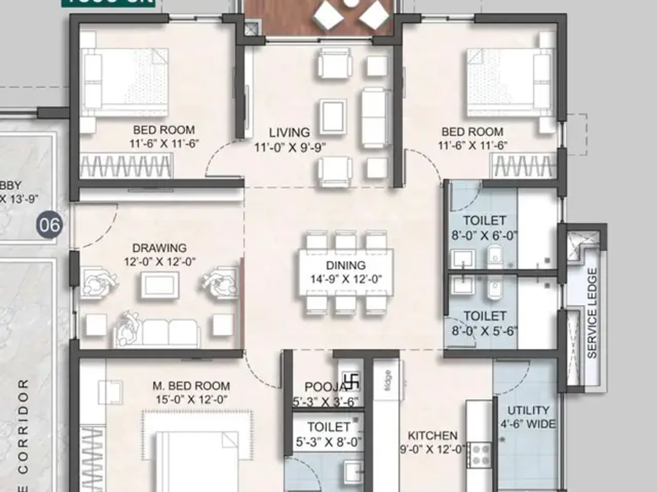 2 BHK floor plan layout showing 1360 sq ft configuration