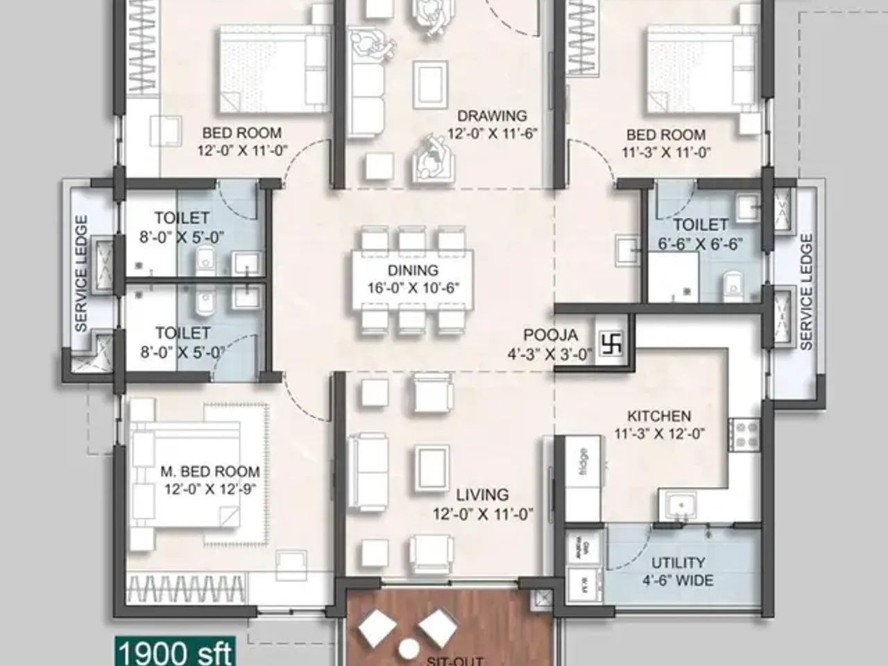 3.5 BHK floor plan layout showing 2210 sq ft premium configuration