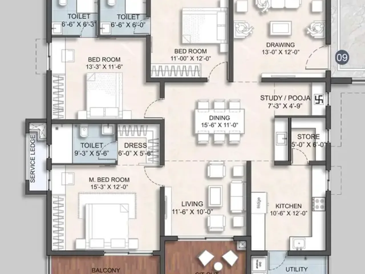3.5 BHK floor plan layout showing 2210 sq ft premium configuration