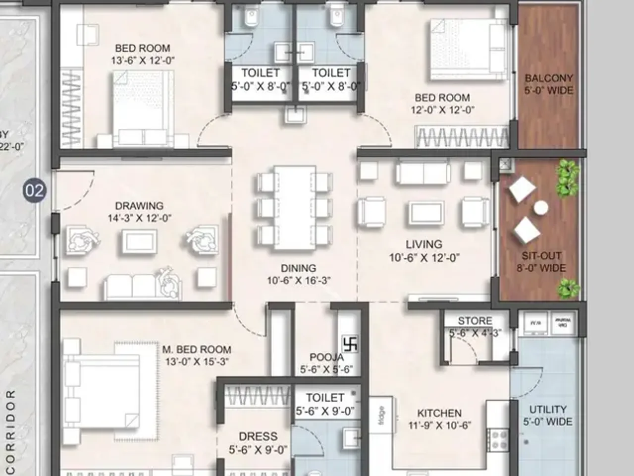 3 BHK floor plan layout showing 1720 sq ft configuration