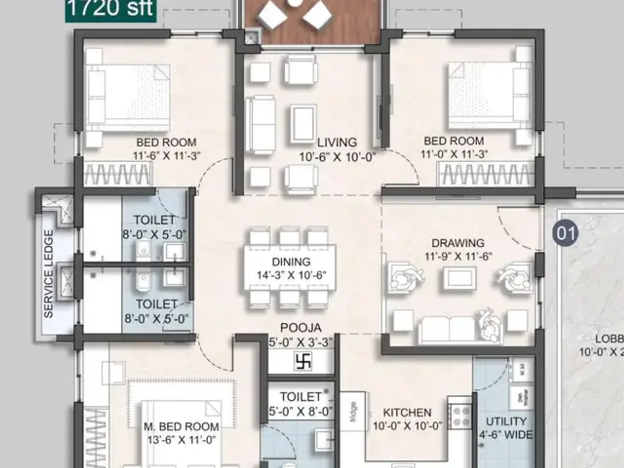 3 BHK floor plan layout showing 1720 sq ft configuration