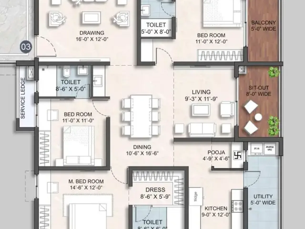3 BHK floor plan layout showing 1720 sq ft configuration