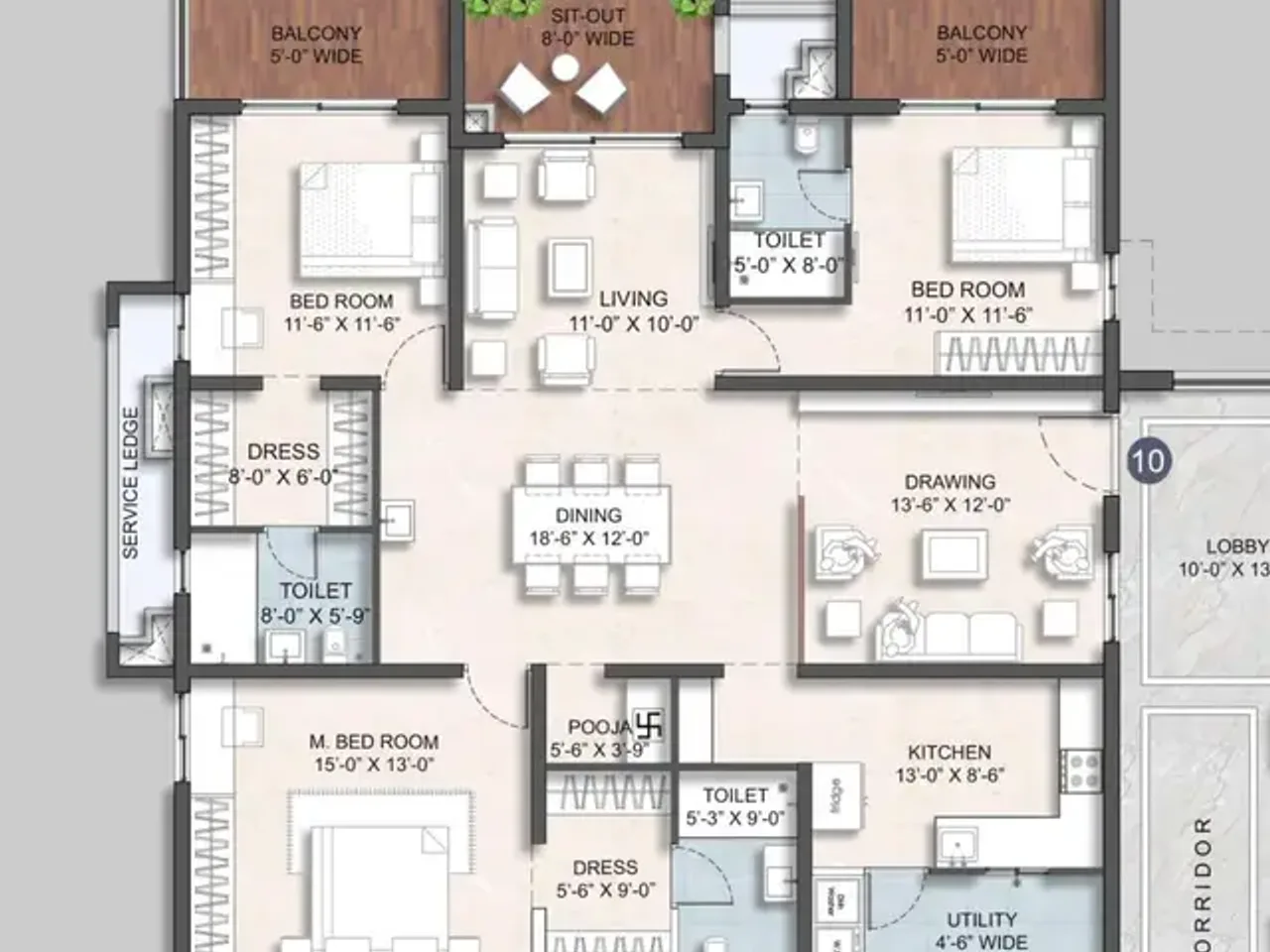 4 BHK floor plan layout showing 2390 sq ft premium configuration