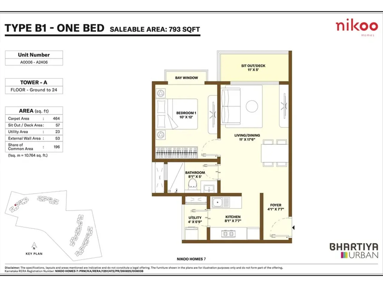 1 BHK apartment alternative floor plan at Bhartiya Garden Estate showing 793 sq ft layout
