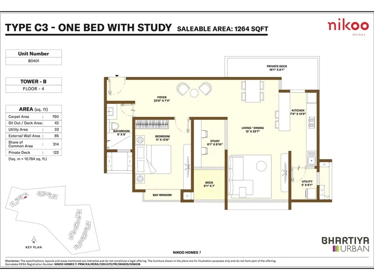 1 BHK apartment floor plan at Bhartiya Garden Estate showing 793 sq ft configuration