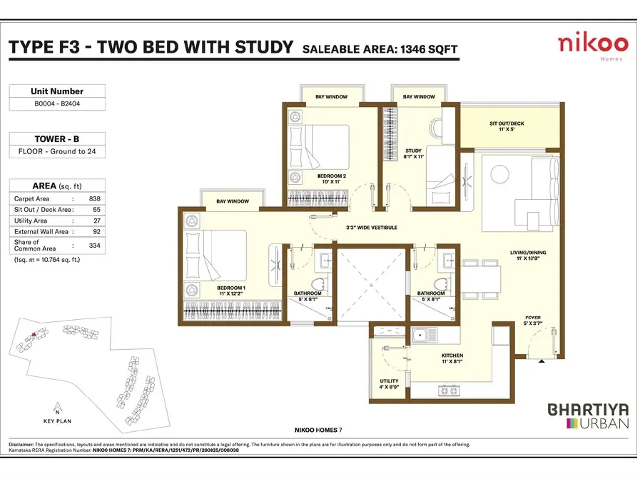 2.5 BHK apartment floor plan at Bhartiya Garden Estate showing 1388 sq ft layout