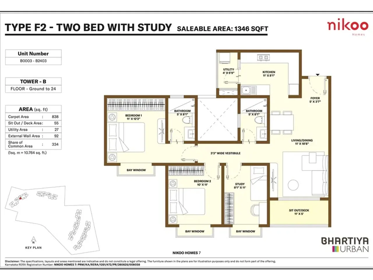 2.5 BHK apartment floor plan at Bhartiya Garden Estate showing 1346 sq ft premium configuration