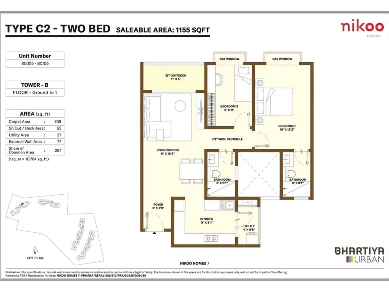 2 BHK apartment floor plan at Bhartiya Garden Estate showing 1126-1176 sq ft configuration