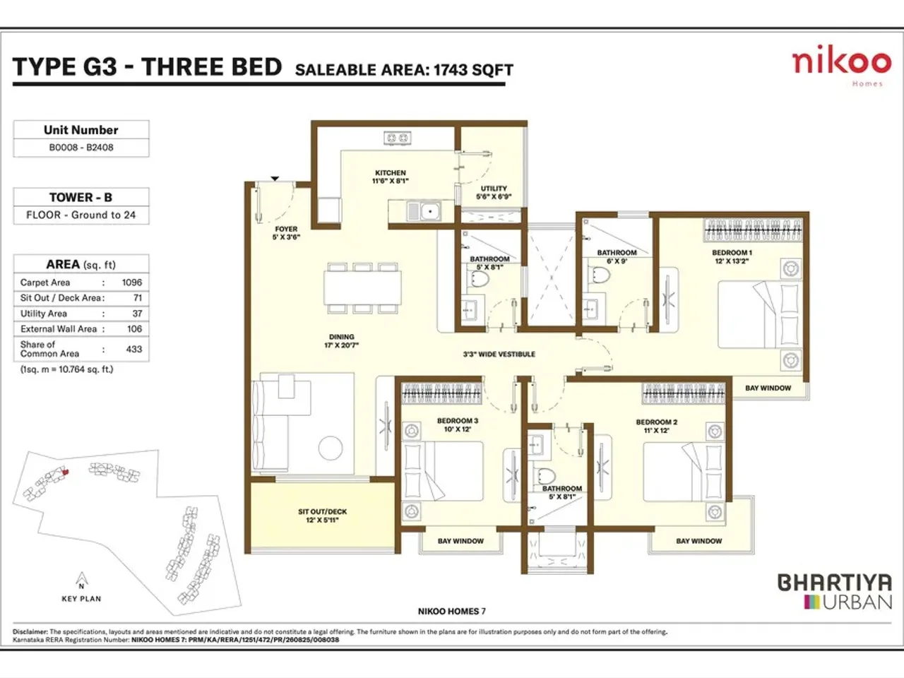 3 BHK apartment floor plan at Bhartiya Garden Estate showing 1743 sq ft premium configuration