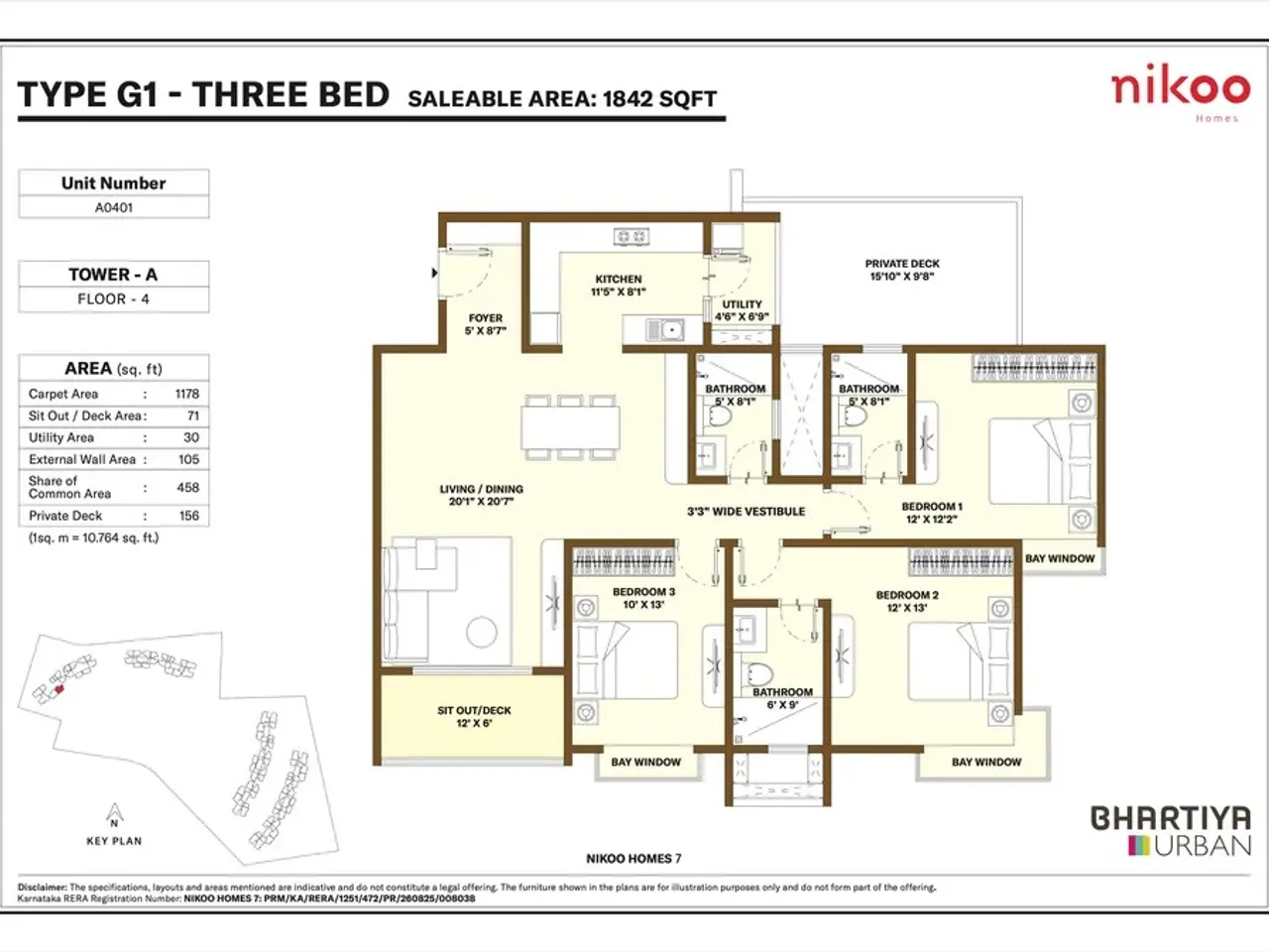 3 BHK apartment floor plan at Bhartiya Garden Estate showing 1743 sq ft configuration