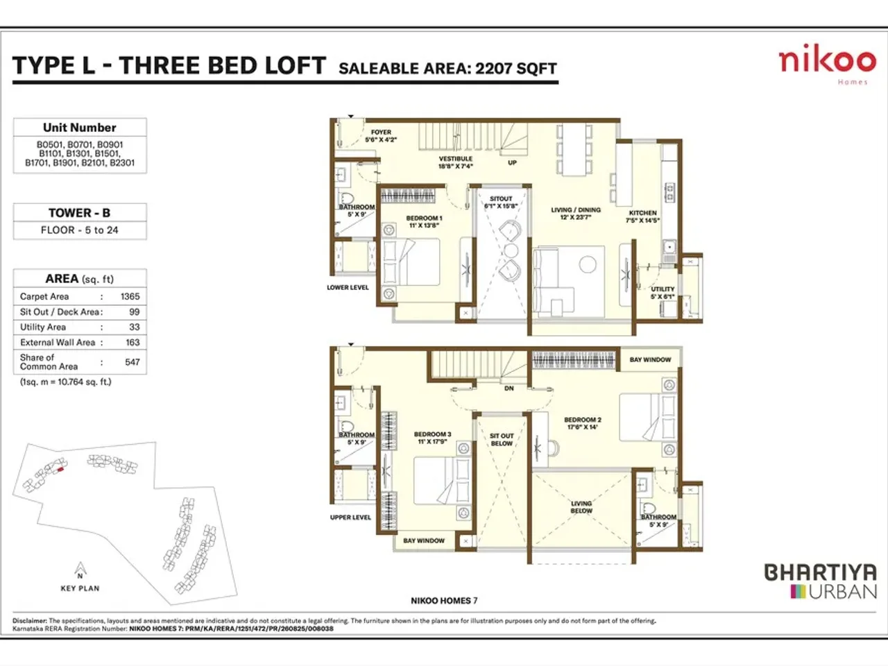 3 BHK loft apartment floor plan at Bhartiya Garden Estate showing 1743-1842 sq ft configuration