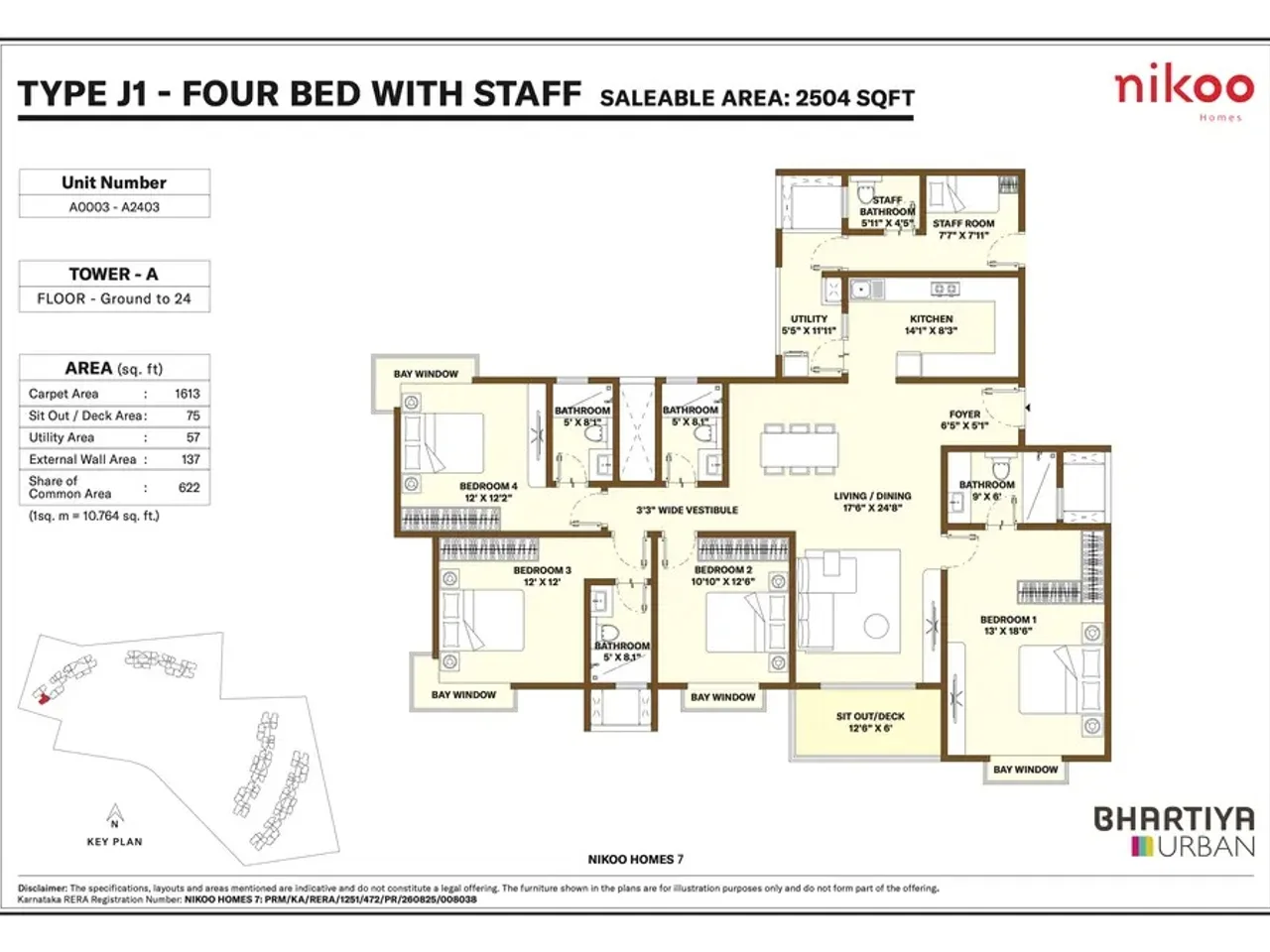 4 BHK apartment floor plan at Bhartiya Garden Estate showing 2586 sq ft luxury configuration