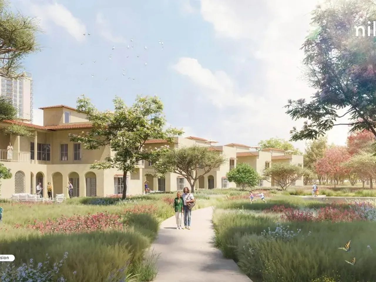 Landscaped pathway at Bhartiya Garden Estate with tree-lined walking area