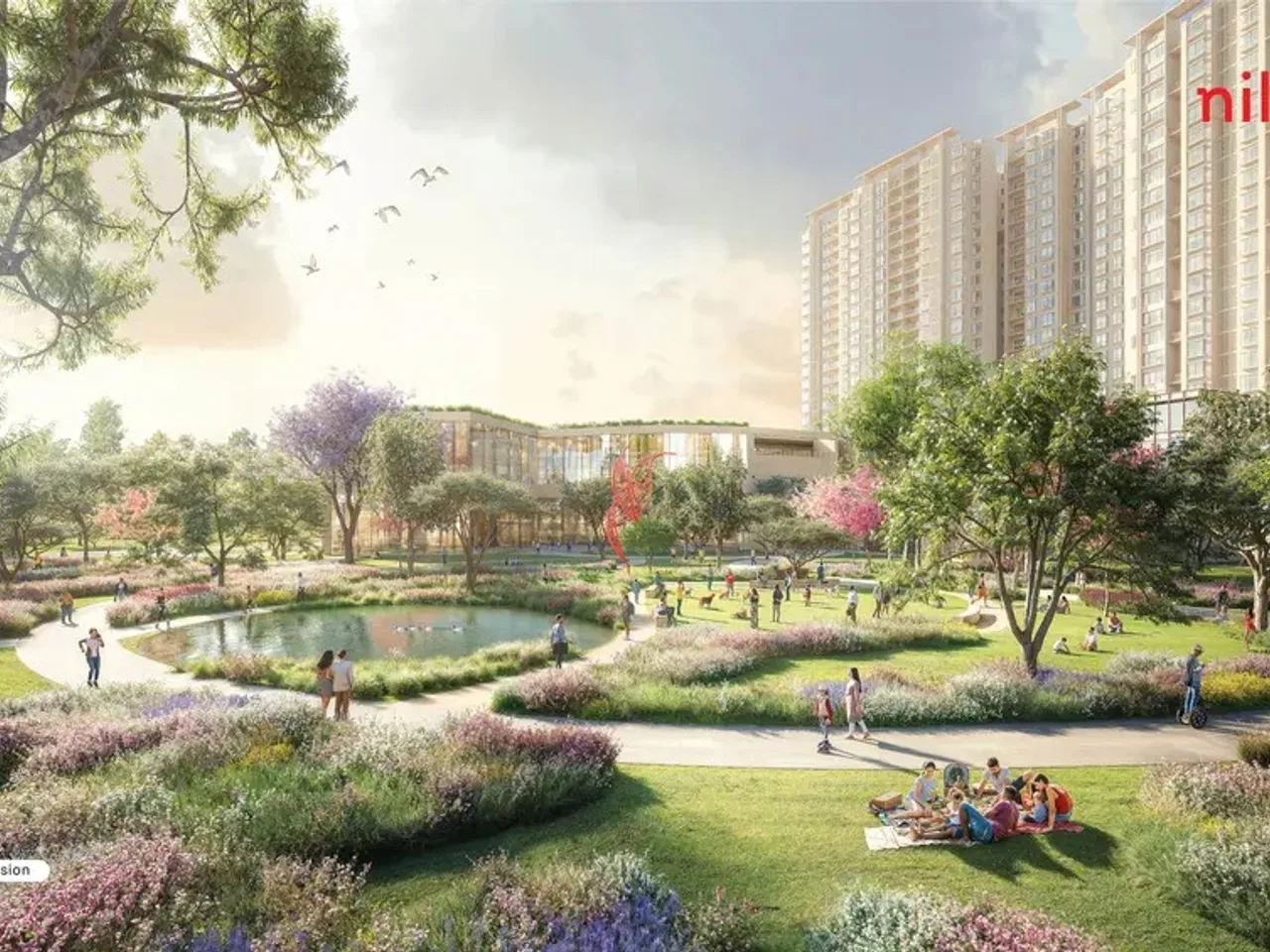 Decorative water feature and pond at Bhartiya Garden Estate