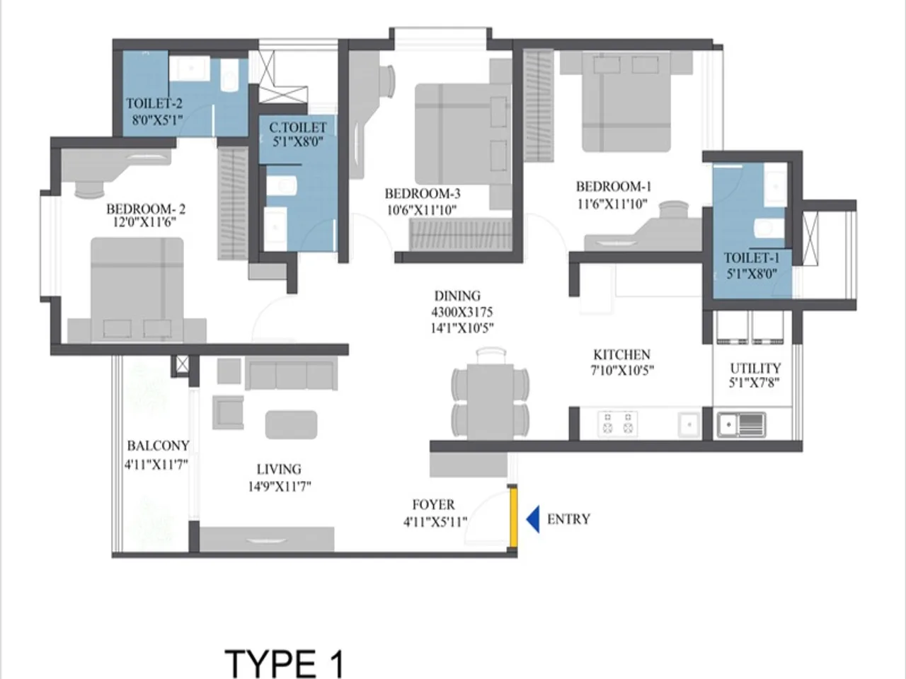 2 BHK apartment floor plan at Bren Park City Electronic City featuring spacious living area, modern kitchen, and optimal layout