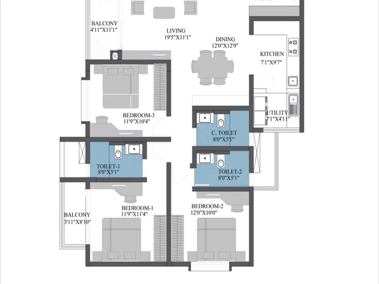 3.5 BHK apartment floor plan at Bren Park City Electronic City featuring three bedrooms, study room, family area, and premium finishes