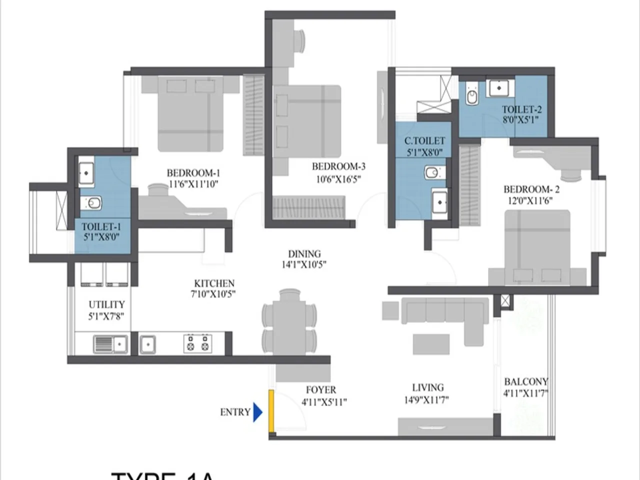3 BHK apartment floor plan at Bren Park City Electronic City with three bedrooms, dedicated dining space, and modern amenities