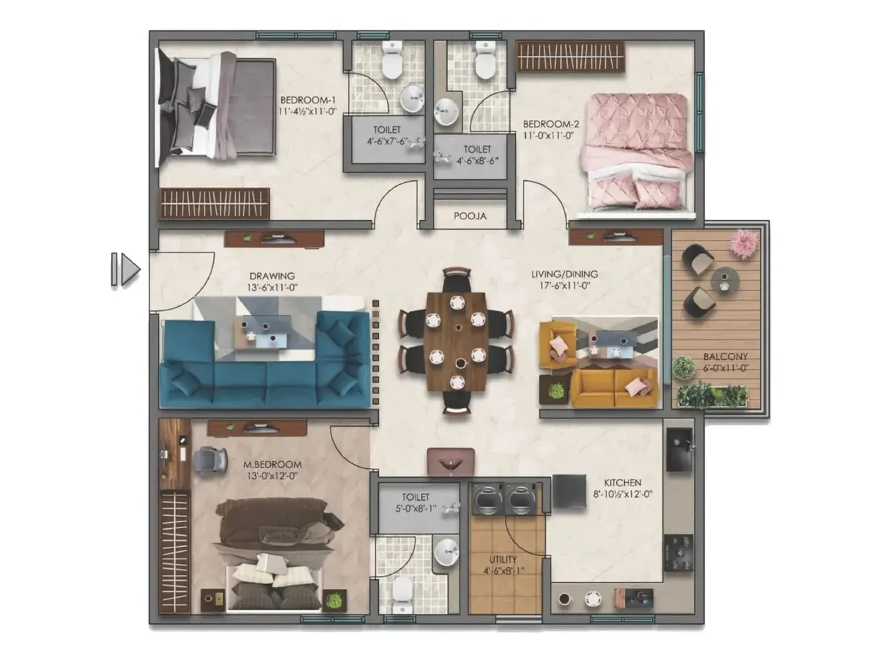 2.5 BHK apartment floor plan at Embassy Astra Hebbal featuring two bedrooms, study room, and modern kitchen design