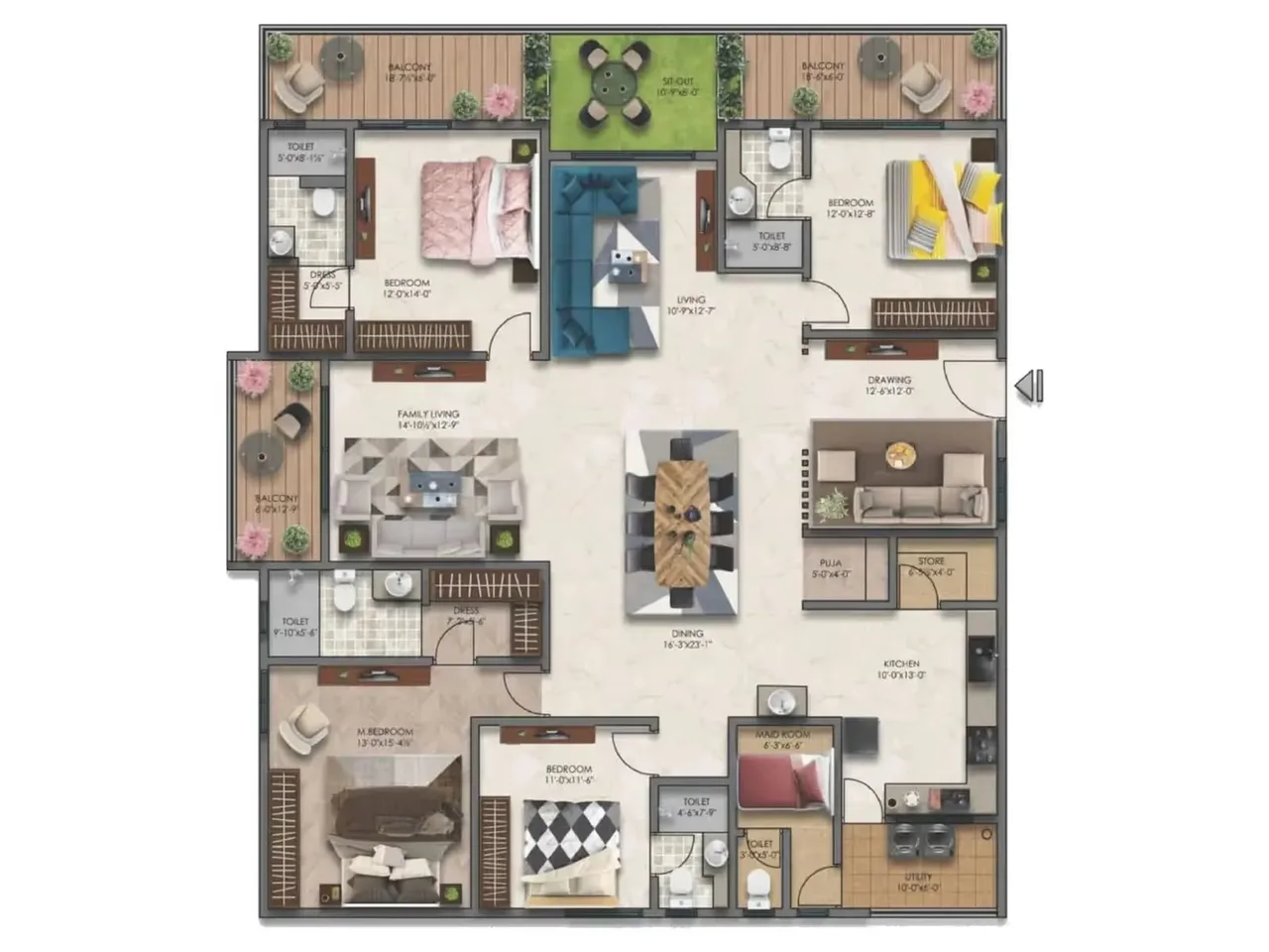 2 BHK apartment floor plan at Embassy Astra Hebbal with master bedroom, guest bedroom, and open living space design