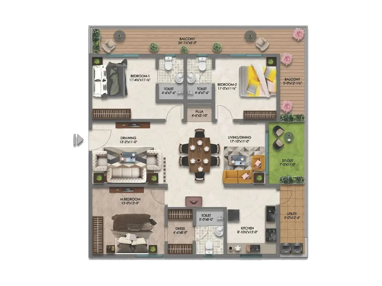 3.5 BHK apartment floor plan at Embassy Astra Hebbal featuring dedicated study room, home office space, and work-from-home layout