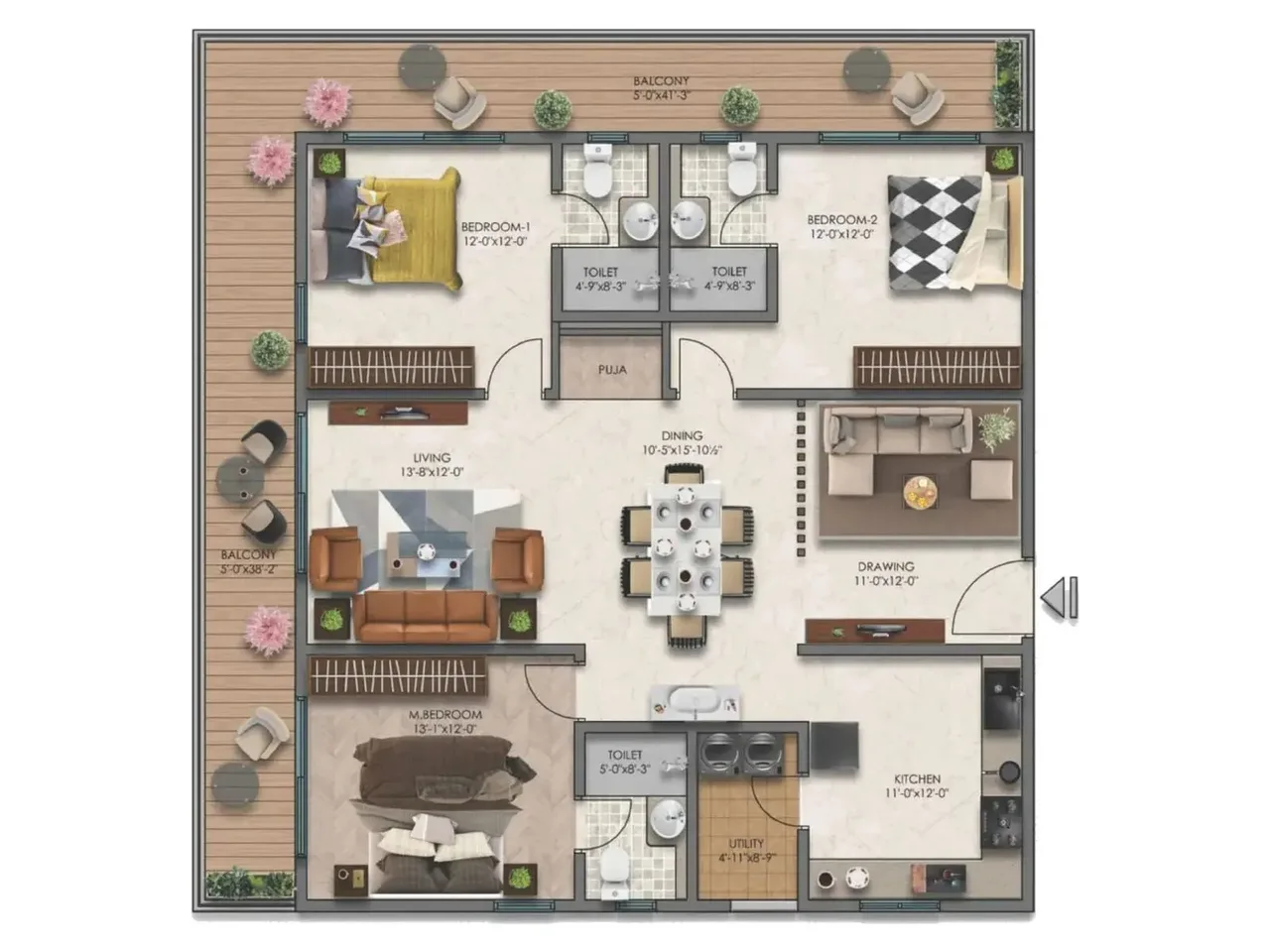 3 BHK apartment floor plan at Embassy Astra Hebbal with three bedrooms, dining area, and balcony views configuration