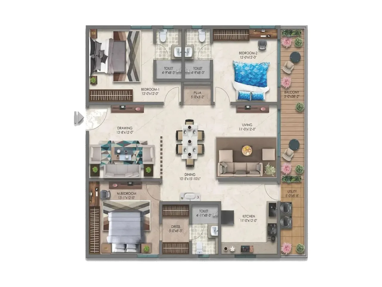 3.5 BHK apartment floor plan at Embassy Astra Hebbal with servant quarters, dedicated utility area, and maid room