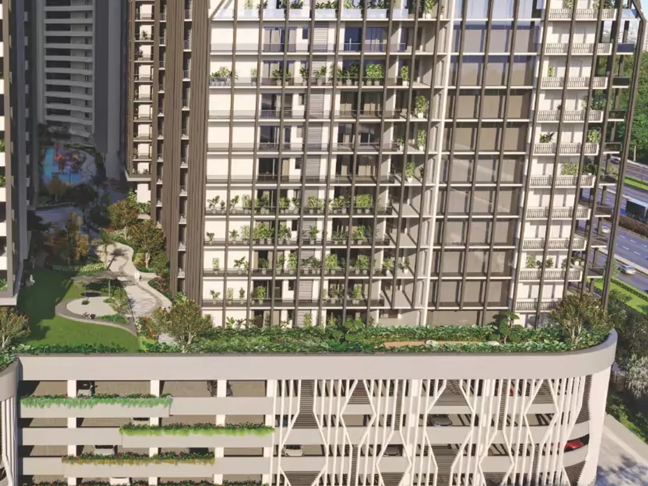 Aerial view of Embassy Astra Hebbal towers showcasing luxury apartments and landscaped surroundings