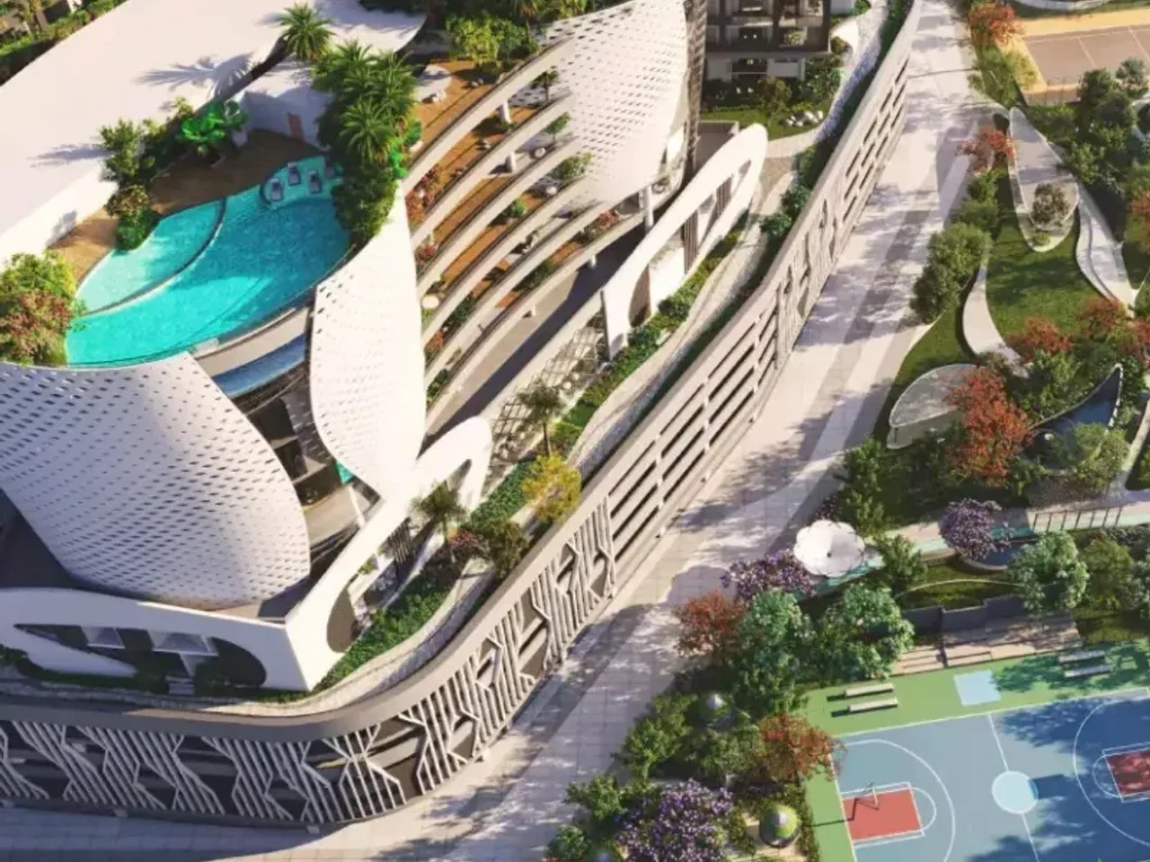 Modern swimming pool and children's play area at Embassy Astra Hebbal luxury apartments