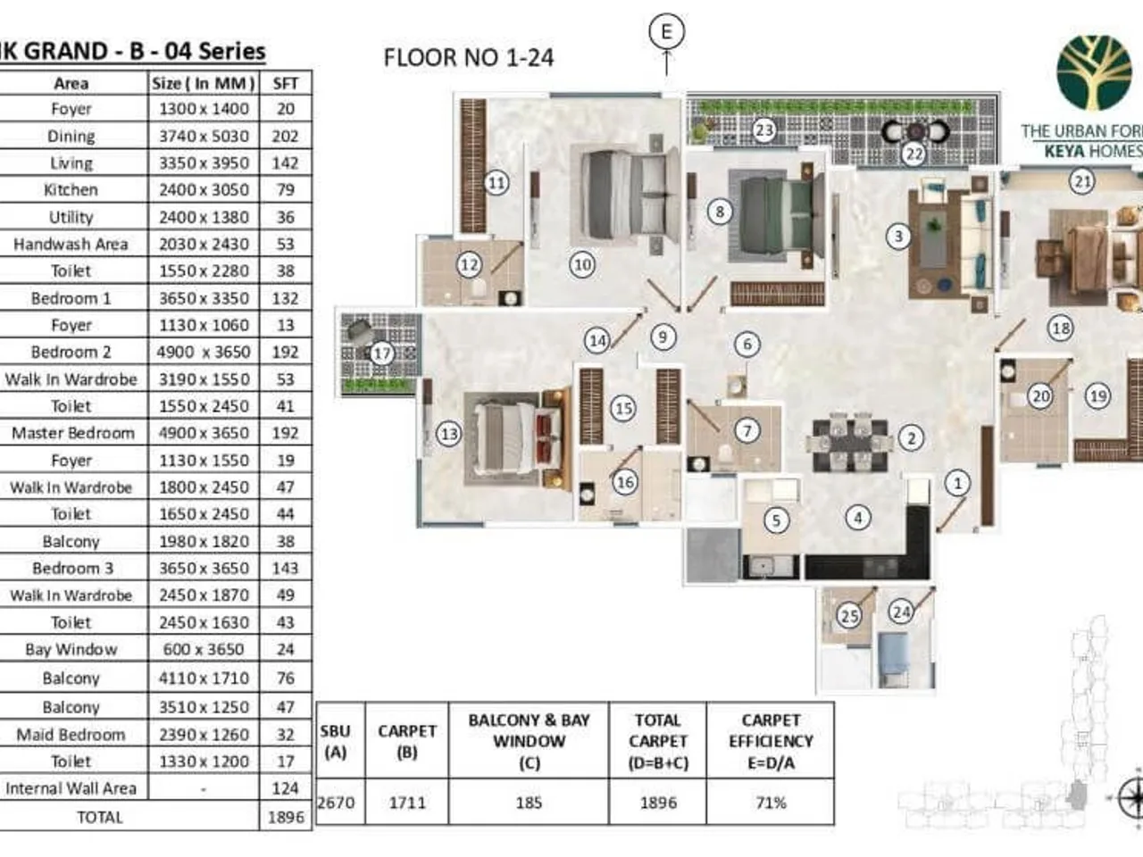 Corner unit floor plan at Keya The Urban Forest Sarjapur Road showing enhanced natural light and ventilation features