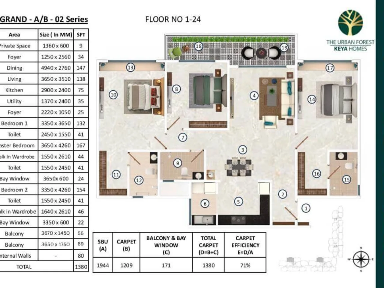 3 BHK floor plan at Keya The Urban Forest Sarjapur Road showing 2400 sq ft configuration with premium finishes