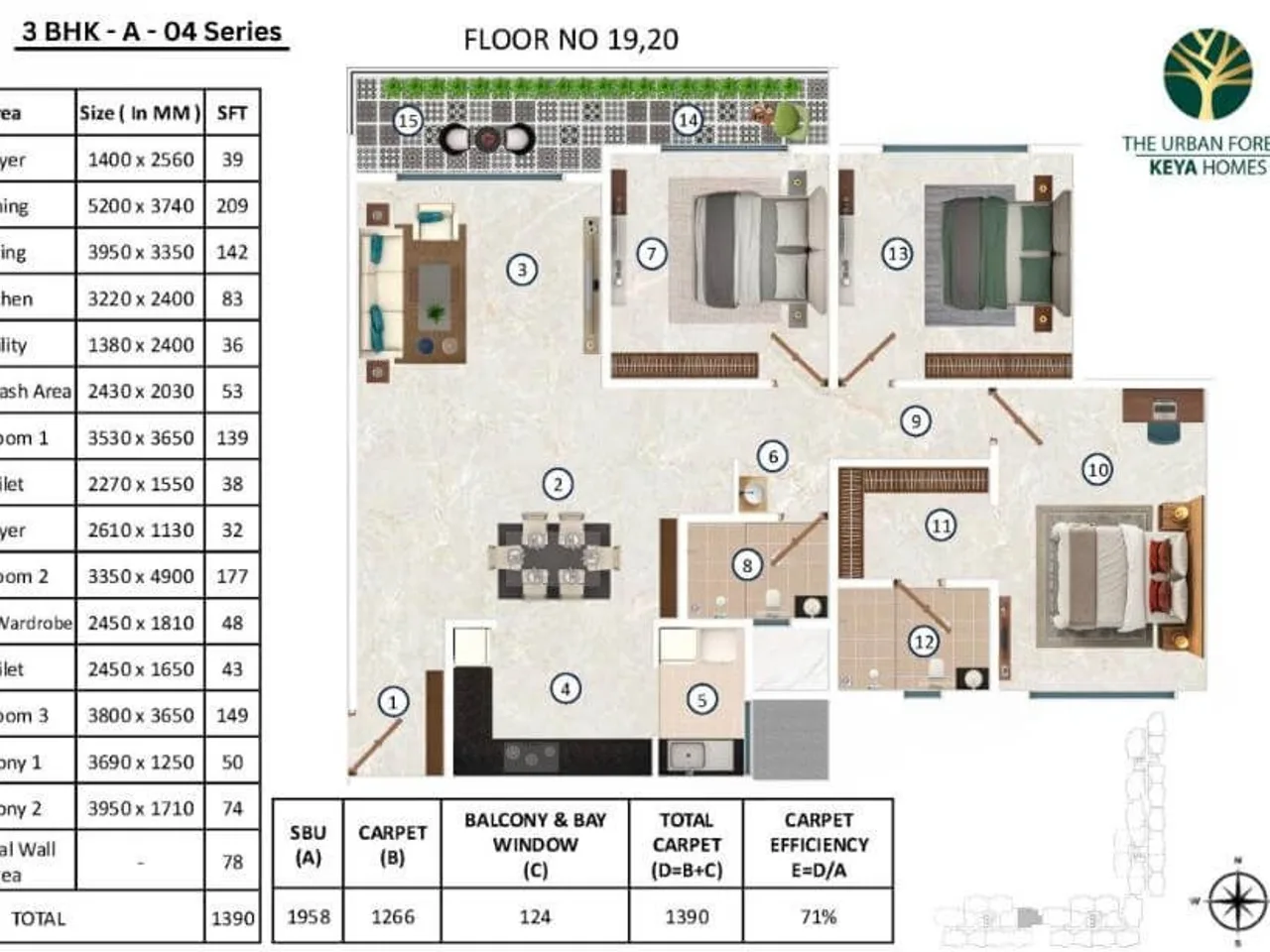 Detailed apartment floor plan showing room layout and dimensions with modern design