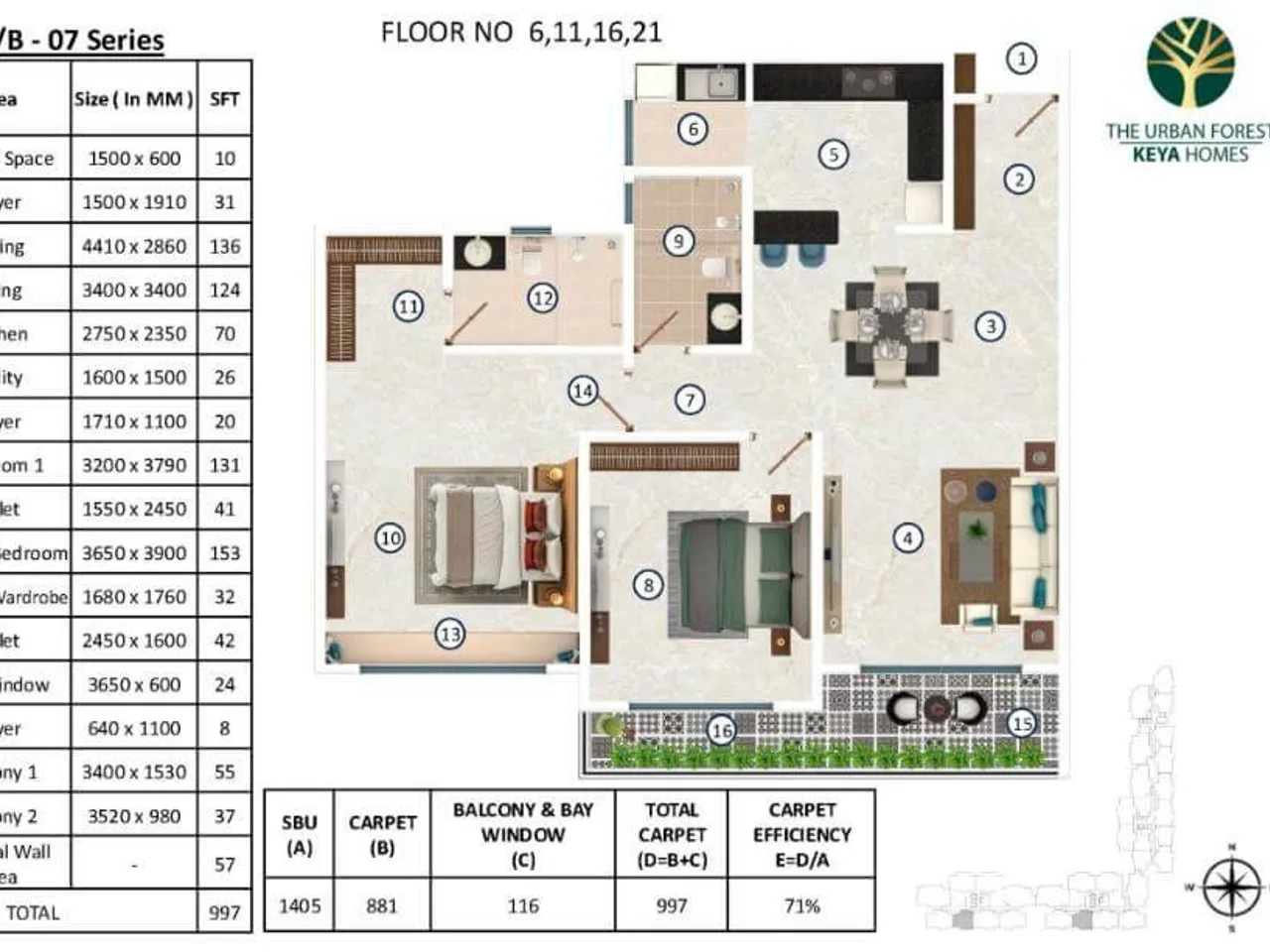 2 BHK floor plan showing 1000 sq ft layout with efficient space utilization