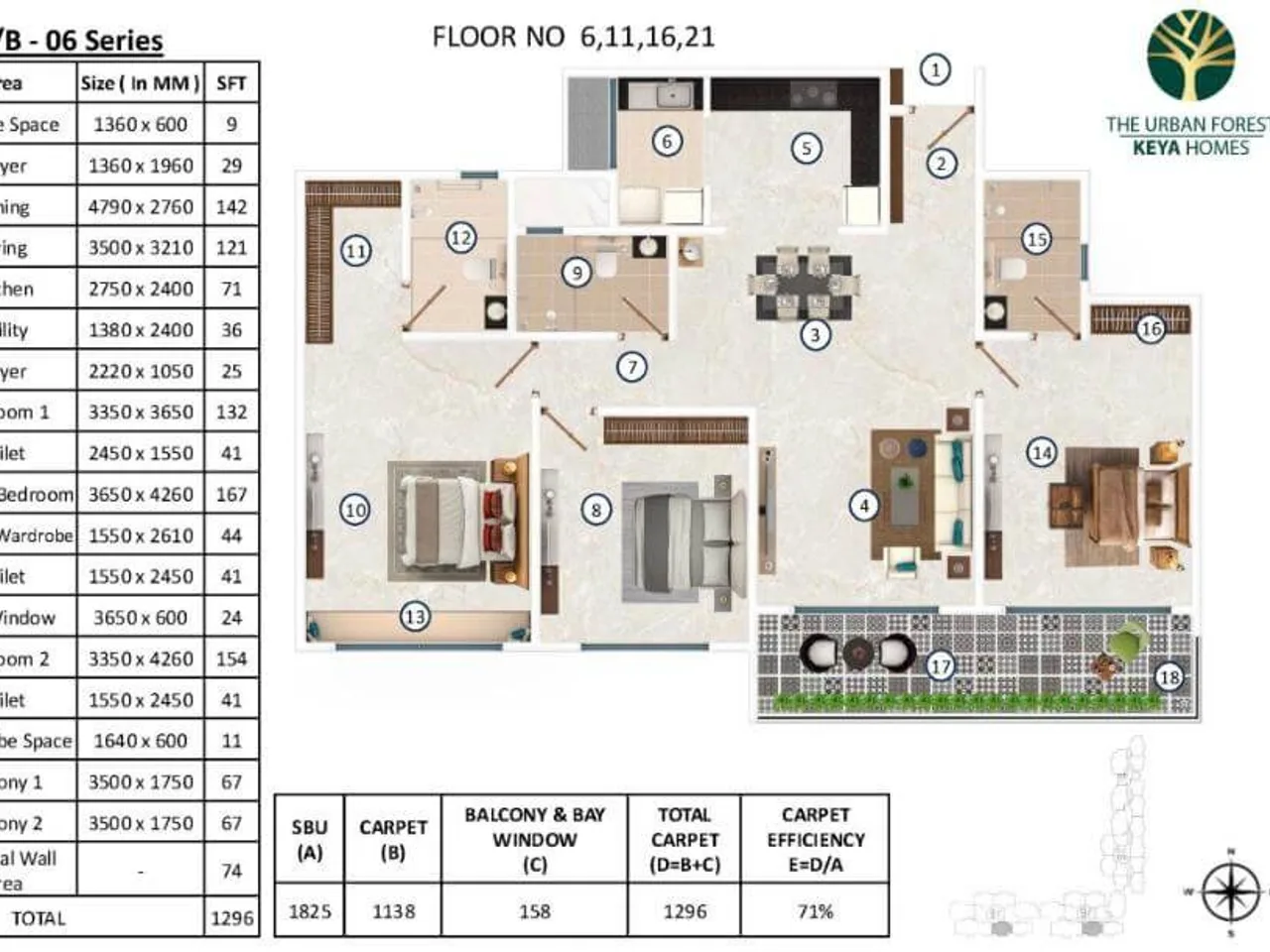 3 BHK standard floor plan at Keya The Urban Forest Sarjapur Road showing 1600 sq ft configuration with master bedroom