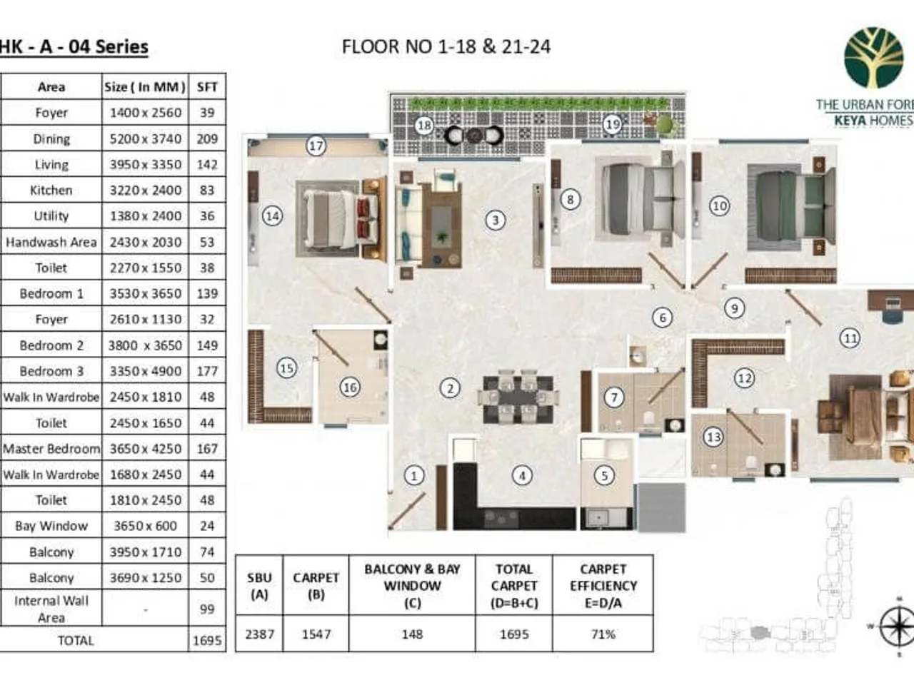 4 BHK spacious floor plan at Keya The Urban Forest Sarjapur Road showing 2200 sq ft layout with four bedrooms
