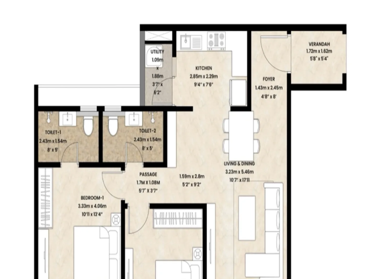 2 BHK regular layout with efficient room arrangement - 1105 sq ft